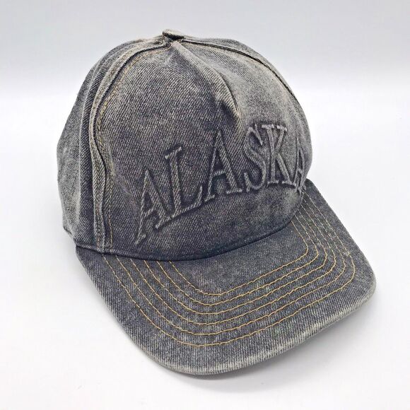 Vtg. Alaska Gray Distressed Denim Baseball Cap Logo Front & Back Trucker Dad Hat - Picture 4 of 9